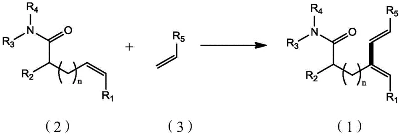 General reaction scheme showing the coupling of non-conjugated alkenyl amides with electron-deficient olefins to form branched conjugated dienes