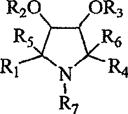 General structural formula I of branched polyhydroxypyrrolidine derivatives showing variable substituents R1 to R7