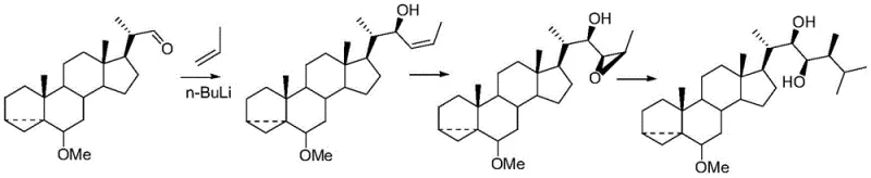Traditional multi-step synthetic route for brassinolide showing low yield and complexity