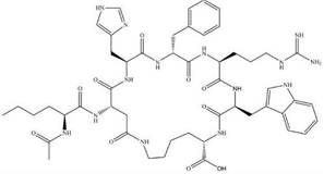 Chemical structure of Bremelanotide showing the cyclic heptapeptide backbone and key amino acid residues
