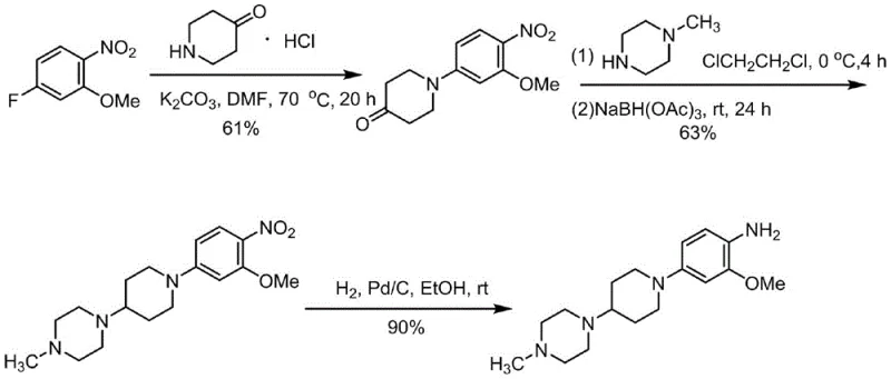 Prior art synthesis route using sodium triacetoxyborohydride showing low yield and high cost