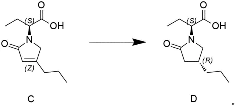 Chemical reaction scheme showing the asymmetric hydrogenation of Compound C to Chiral Lactam Compound D using a heavy metal catalyst and chiral inducer