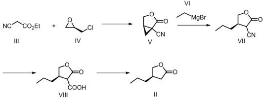 Synthetic route showing the conversion of ethyl cyanoacetate and R-epichlorohydrin to the final lactone intermediate