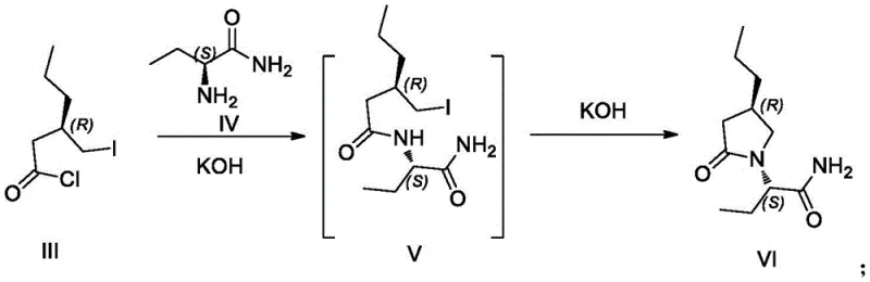Reaction scheme showing the condensation of acid chloride III with aminobutyramide IV to form intermediate V and subsequent cyclization to lactam VI