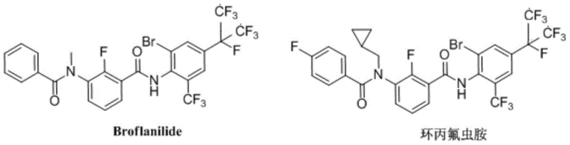 Chemical structures of Broflanilide and Cyflumetofen showing the meta-diamide core