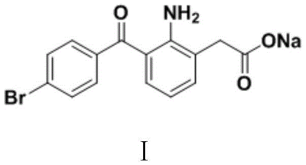 Chemical structure of Bromfenac Sodium (I) showing the 2-amino-3-(4-bromobenzoyl)phenylacetate sodium salt framework