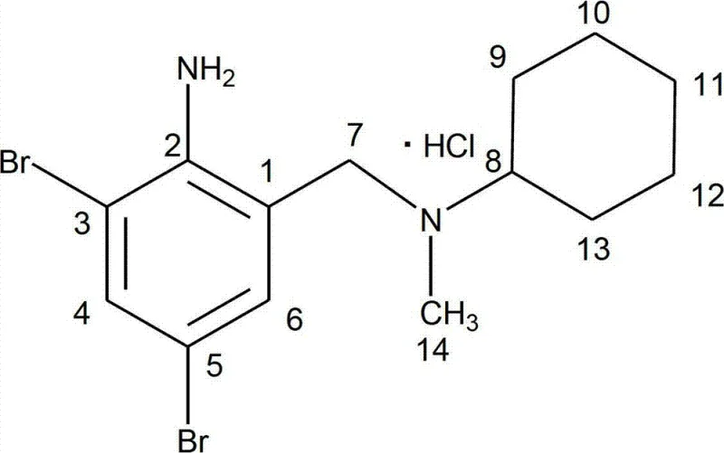 Chemical structure of Bromhexine Hydrochloride with numbered carbon atoms for NMR assignment