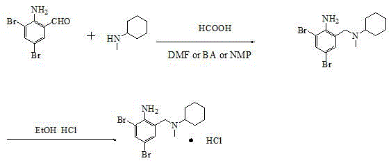 Reaction scheme showing reductive amination of 2-amino-3,5-dibromobenzaldehyde with N-methylcyclohexylamine using formic acid and Pd/C