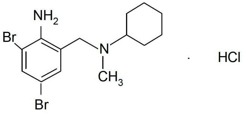 Chemical structure of Bromhexine Hydrochloride showing the dibromo-benzylamine core and cyclohexyl group