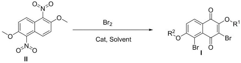 Core invention reaction showing one-step conversion of dinitro-naphthalene to brominated naphthoquinone