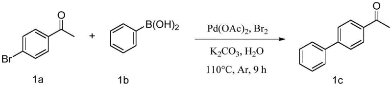 Specific example of bromine-promoted Suzuki coupling yielding 4-acetylbiphenyl with 98% yield in water