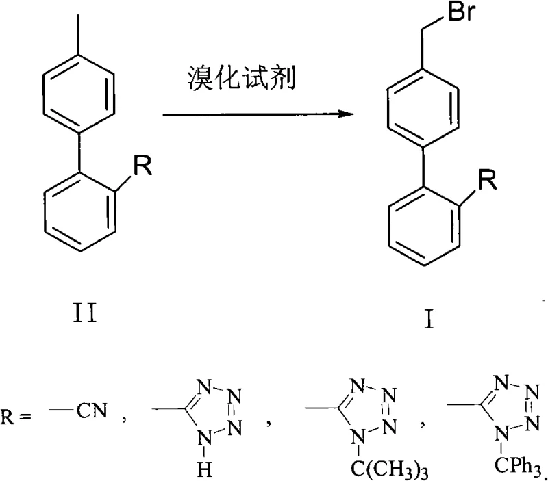 General reaction scheme showing the bromination of 4'-methyl-2-substituted biphenyl to 4'-bromomethyl-2-substituted biphenyl using a brominating agent under light irradiation