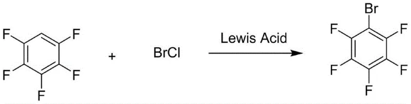 Reaction scheme showing the synthesis of bromopentafluorobenzene from pentafluorobenzene and BrCl using a Lewis Acid catalyst