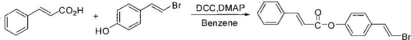 Chemical reaction scheme showing DCC/DMAP-mediated esterification between cinnamic acid and (E)-4-(beta-bromovinyl)phenol in benzene solvent