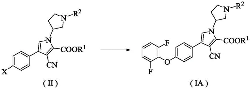 General reaction scheme showing the copper-catalyzed coupling of Formula II with 2,6-difluorophenol to form Formula IA