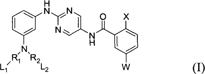 General chemical structure of Formula I showing the pyrimidinyl benzamide core