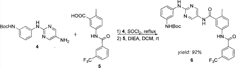 Reaction scheme showing the amide coupling step to form the benzamide core
