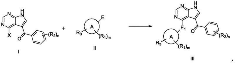 General reaction scheme showing the synthesis of Formula III BTK inhibitor from Formula I and Formula II using quaternary ammonium catalysis