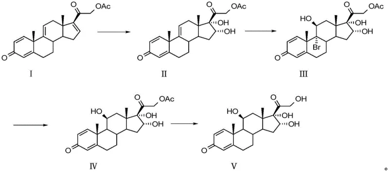 Overall synthetic route from Tetraene Acetate (I) to 16α-Hydroxyprednisolone (V)