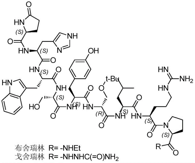 Chemical structures of Buserelin and Goserelin showing the variable R group difference