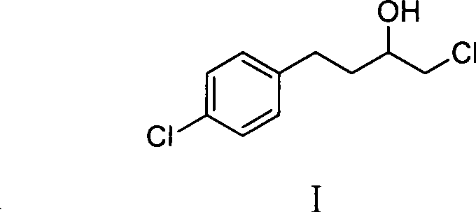 Chemical reaction scheme showing the synthesis of 1-chloro-4-(4-chlorophenyl)-2-butanol (Formula I) from p-chlorobenzyl chloride (Formula III) and monochloroacetaldehyde derivative (Formula IV)