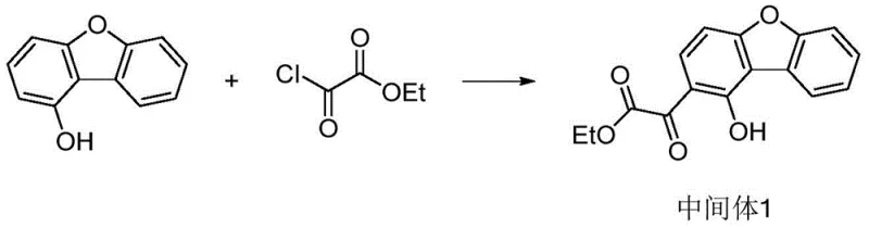 Step 1 synthesis reaction scheme showing Friedel-Crafts acylation of 1-hydroxydibenzofuran