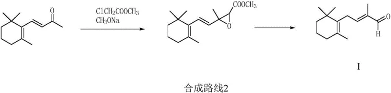 Synthesis route 2 showing Darzens condensation of beta-ionone with methyl chloroacetate
