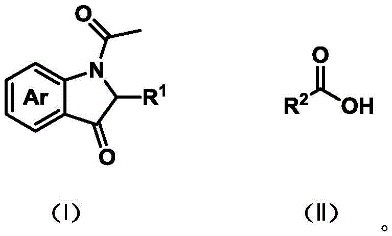 Electrocatalytic reaction scheme showing coupling of N-acetyl-3-hydroxyindole and carboxylic acid to form C2-acyloxy-3-indolinone