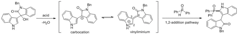 Proposed reaction mechanism involving acid-catalyzed dehydration and 1,2-addition pathway