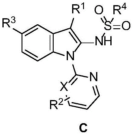 General structural formula of C2-sulfonylamino indole derivatives showing variable substituents R1-R4