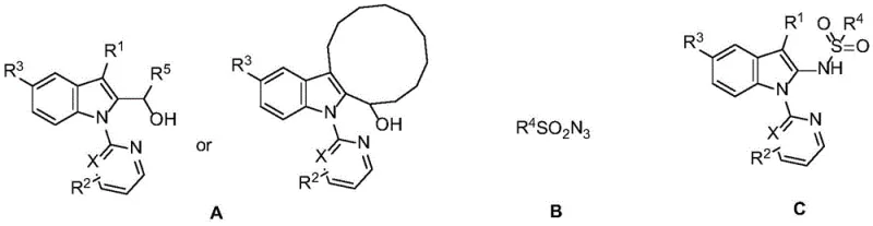General reaction scheme showing N-pyridine-indole alcohol and sulfonyl azide coupling to form C2-sulfonylamino indole