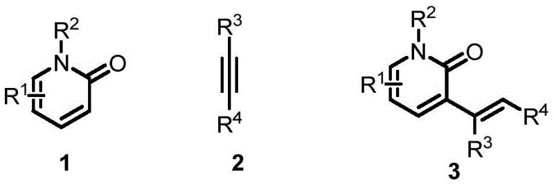 General reaction scheme showing nickel-catalyzed alkenylation of 2-pyridone derivatives with alkynes to form C3-alkenylated products