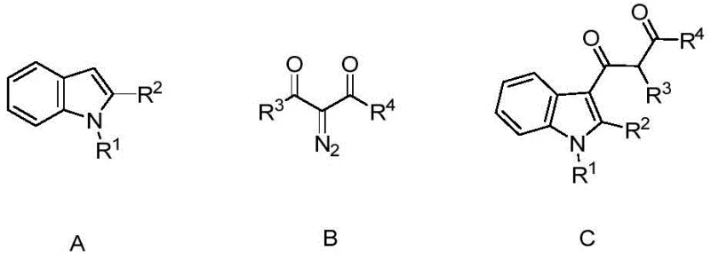 Structural definitions of reactants A and B and product C showing variable substituents R1 through R4