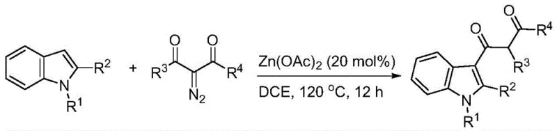 General reaction scheme showing the coupling of N-substituted indole with diazo compound catalyzed by Zinc Acetate