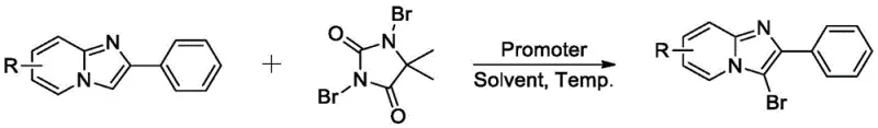 General reaction scheme showing ultrasonic-assisted halogenation of 2-phenylimidazo[1,2-a]pyridine with dihalohydantoin