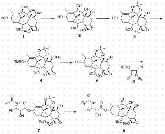 General reaction scheme showing the conversion of 1-dehydroxybaccatin VI to C4-modified 9(R)-hydrogenated-1-deoxypaclitaxel derivatives via selective protection and side-chain coupling