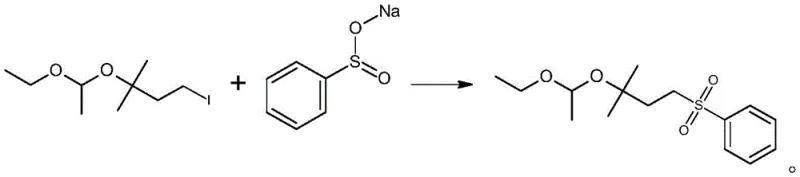 Reaction scheme for the nucleophilic substitution of C5 acetal iodide with sodium benzene sulfinate to form C5 acetal sulfone
