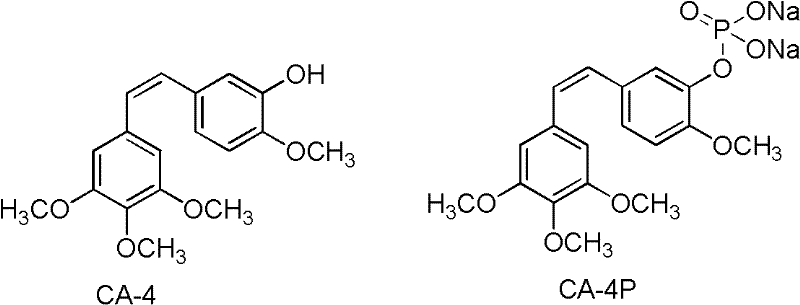 Chemical structures comparing CA-4 and its phosphate prodrug CA-4P