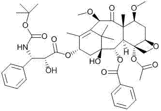 Chemical structure of Cabazitaxel showing the complex taxane core and side chain
