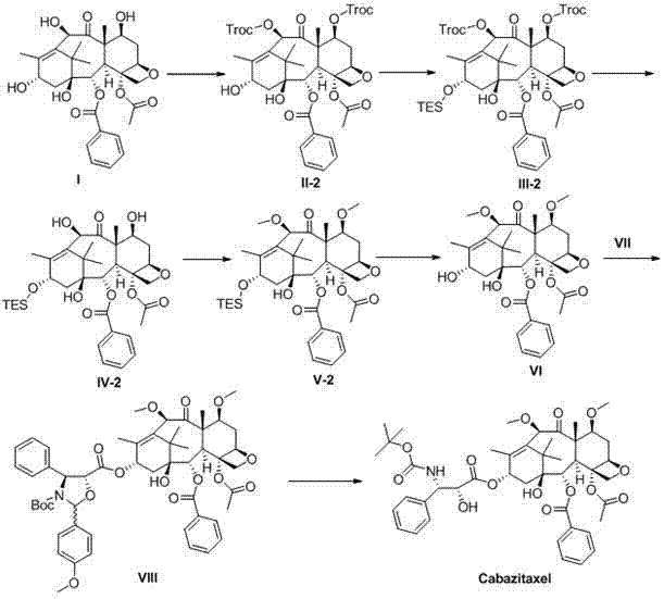 Complete synthetic route for Cabazitaxel showing protection, methylation, and coupling steps