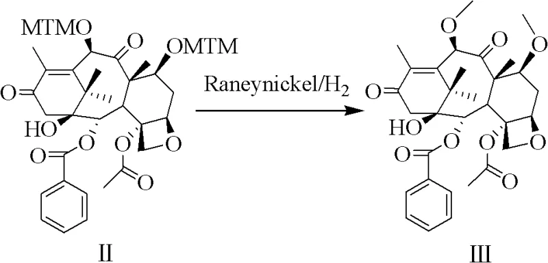Step 1 reaction mechanism showing conversion of 10-DAB to Intermediate II via Pummerer and Swern reactions