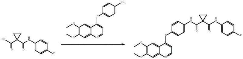 Final condensation reaction of carboxylic acid intermediate with substituted quinoline to form cabozantinib