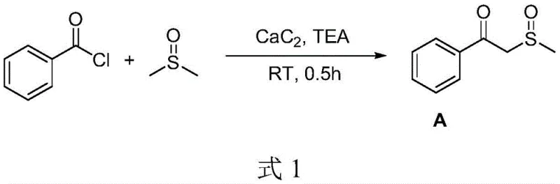 Specific reaction example of Benzoyl chloride reacting with DMSO catalyzed by CaC2 and TEA to form beta-ketosulfoxide A