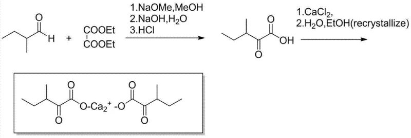 Reaction scheme showing the synthesis of calcium 3-methyl-2-oxovalerate from 2-methylbutyraldehyde and diethyl oxalate via base catalysis