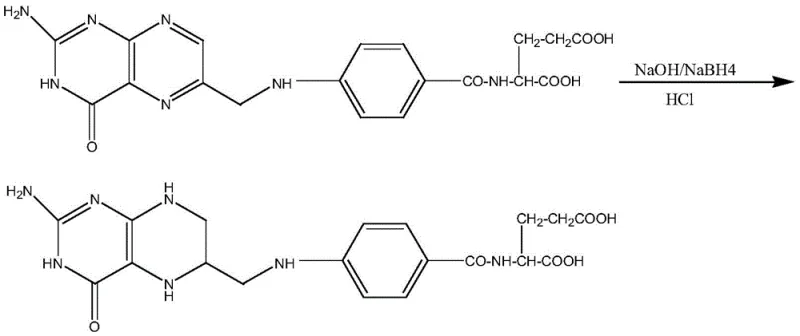 Overall synthesis route from folic acid to calcium 5-methyltetrahydrofolate showing reduction, methylation, and salt formation steps