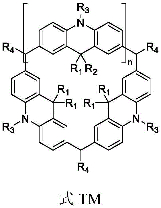 General structural formula TM of calix[n]dihydroacridine macrocycle showing variable substituents R1-R4 and repeating unit n