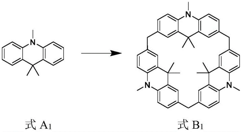 Reaction scheme for the synthesis of Compound B1 from precursor A1 using paraformaldehyde and FeCl3