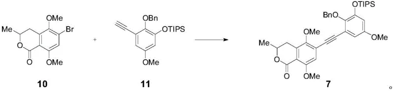 Sonogashira coupling reaction scheme joining intermediates 10 and 11 to form compound 7