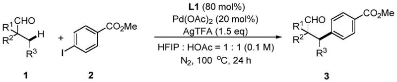 General reaction scheme for calixarene-assisted palladium-catalyzed C-H arylation of aliphatic aldehydes showing substrate scope