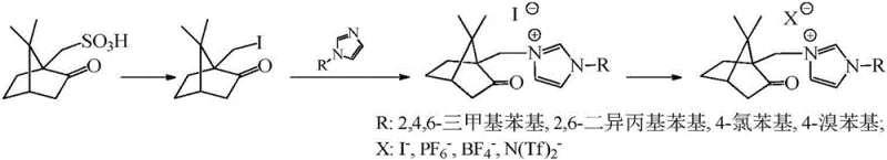 Synthetic route of camphorylimidazole ionic liquid from camphorsulfonic acid to final ionic liquid products